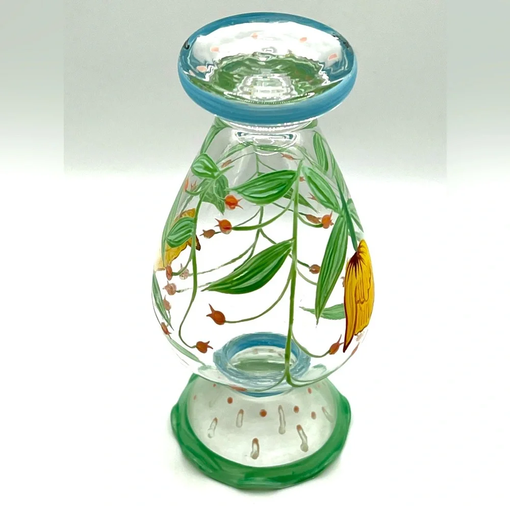 VTG Tracy Porter Hand Painted Glass Flower Vase Ruffled Rim Yellow Tulip 6.5 in